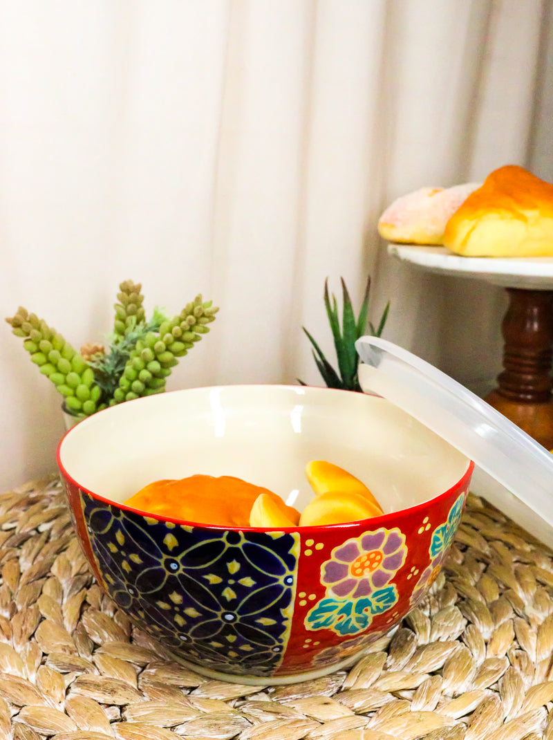 Set of 2 Ceramic Blue Red Floral Patterns Portion Meal Bowls 5 Cups Airtight Lid