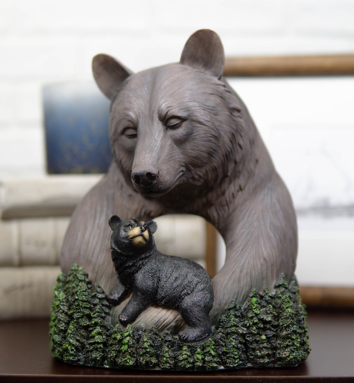 Rustic Forest Black Mama Bear Embracing Cub By Pine Trees Faux Wood Figurine - Ebros Gift