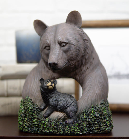 Rustic Forest Black Mama Bear Embracing Cub By Pine Trees Faux Wood Figurine - Ebros Gift