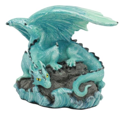Ebros Small Aqua Blue Whimsical Dragon On Ocean Rock Statue 3.75"Long Fantasy