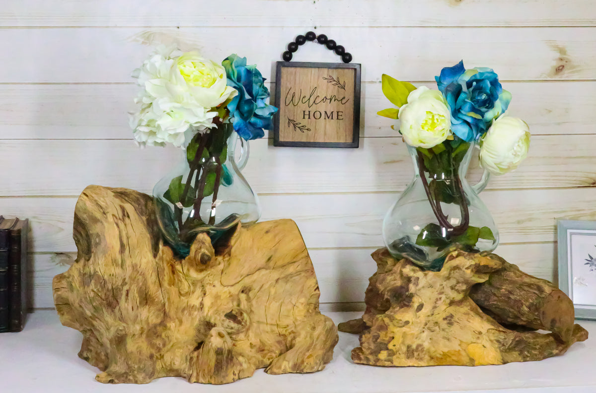 Set Of 2 Balinese Natural Gamal Wood Driftwood With Molten Glass Water Jugs