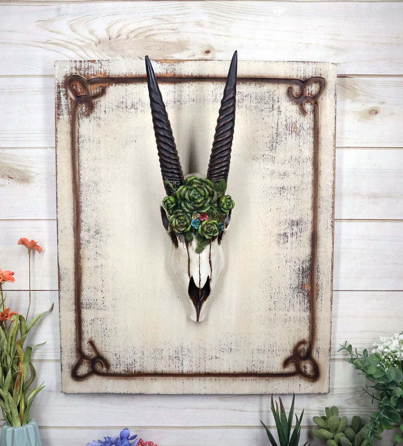 Rustic Western Oryx Gazelle Antelope Skull With Green Roses Wall Decor Plaque