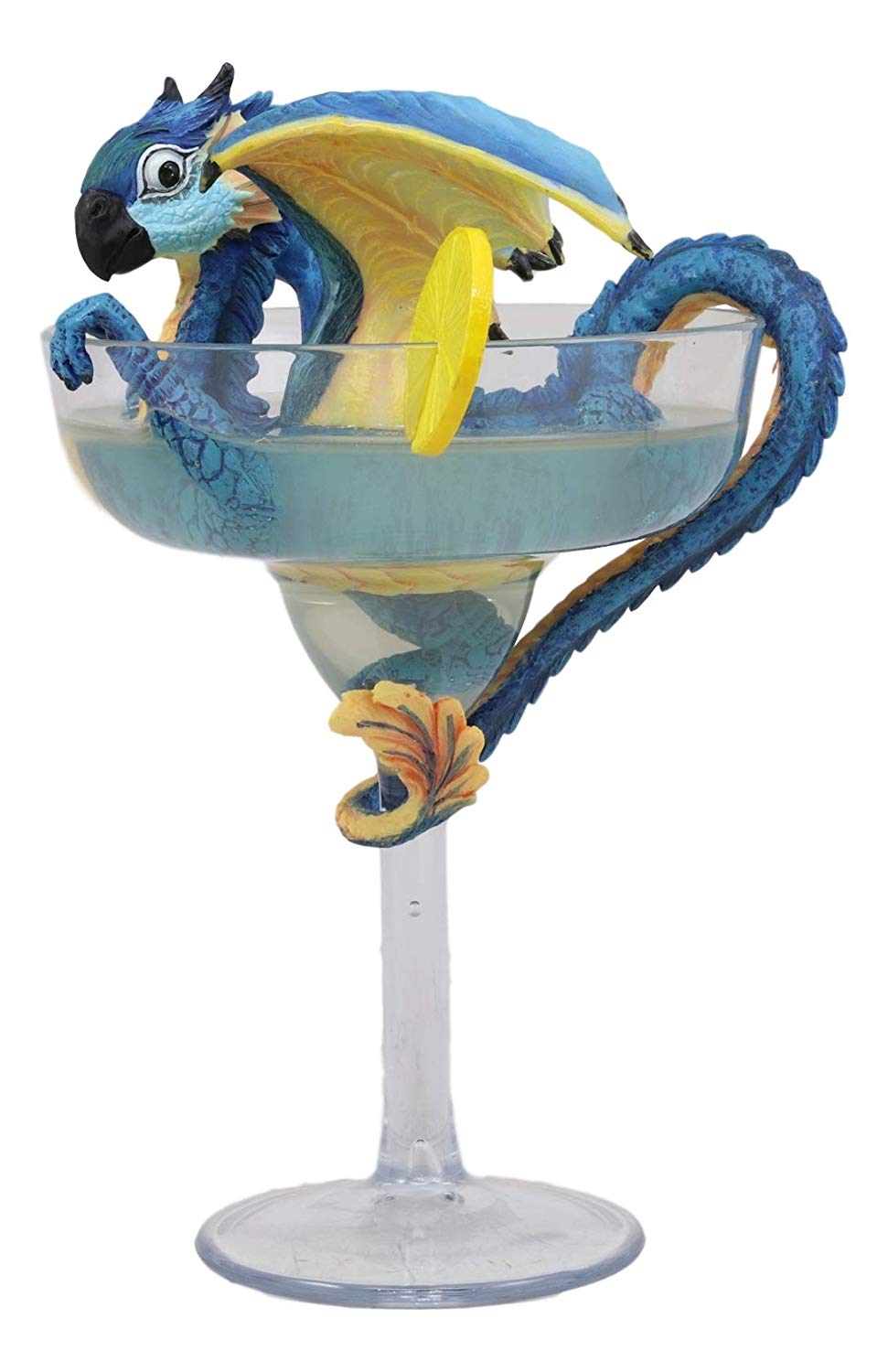 Fantasy Blue Scarlet Macaw Parrot Dragon Perching On Margarita Glass Statue Art