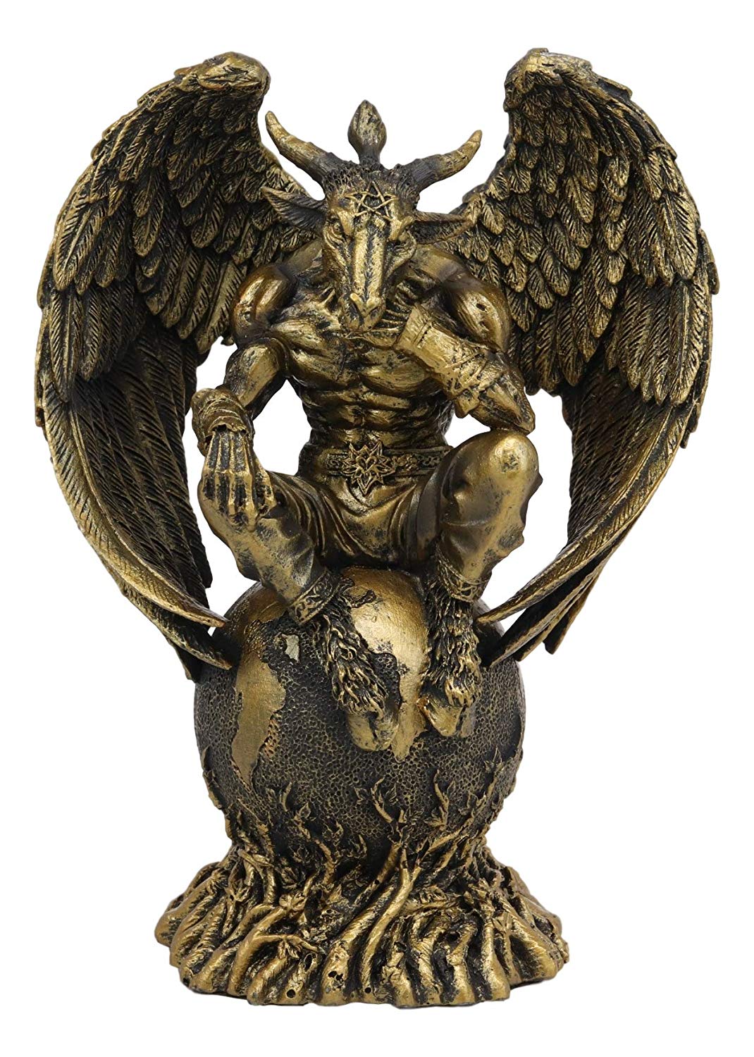 Ebros Gift Sabbatic Goat The Thinker Baphomet Sitting On The Globe Statue 7.75" Tall Baphomet With Pentagram Star Altar Figurine - Ebros Gift
