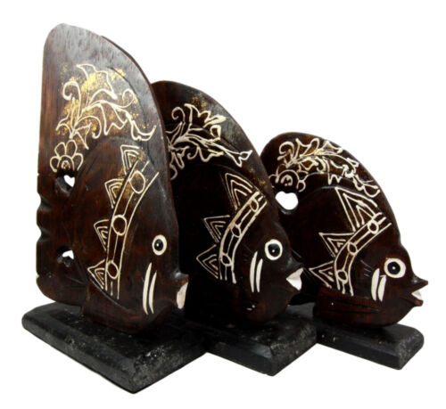 Balinese Wood Handicrafts Tropical Crown Angel Fish Family Set of 3 Figurines