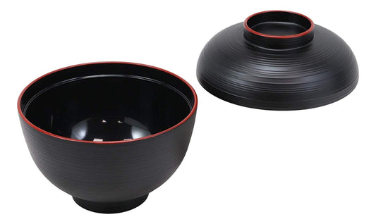 Made In Japan Traditional Black Red Lacquer Plastic Bowls With Lid Set Pack of 6