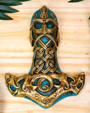 Ebros Turquoise Gold Colored Thor Hammer Viking God Thor's Mjolnir Wall Decor