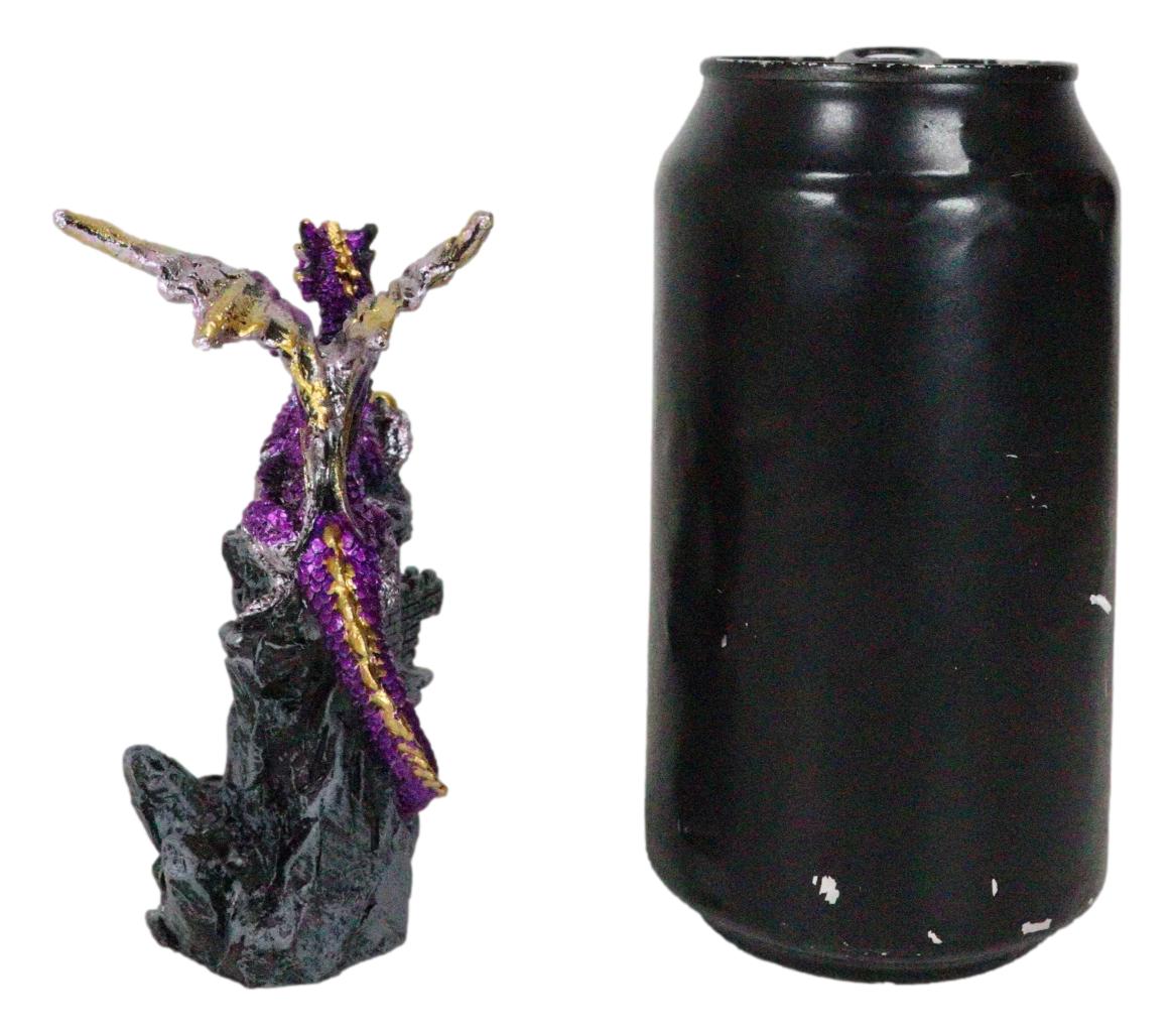 Metallic Golden Purple Dragon Guarding Castle Tower On Mountain Cliff Figurine