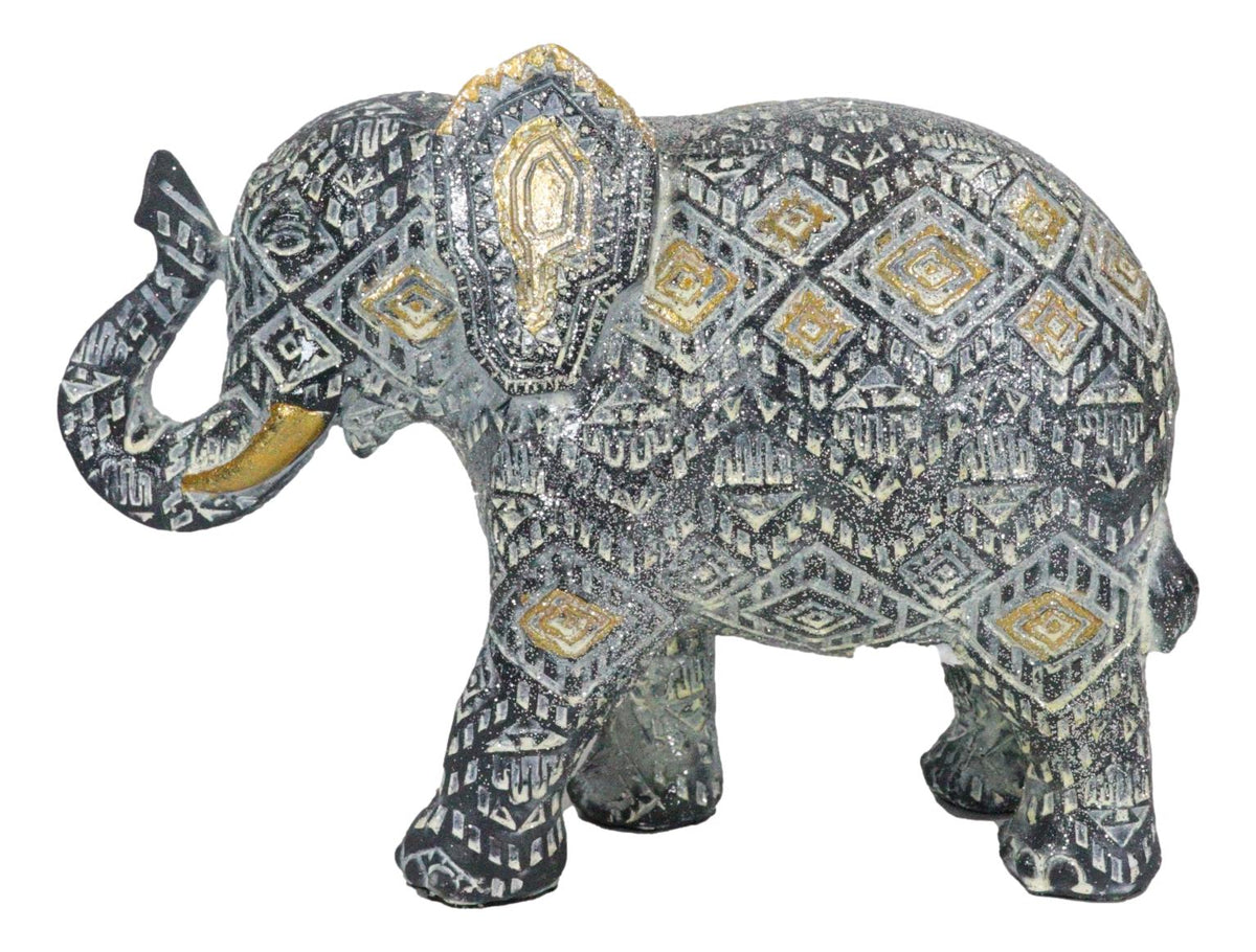 Auspicious Grey Glossy Mosaic Design Noble Aztec Elephant with Trunk Up Figurine