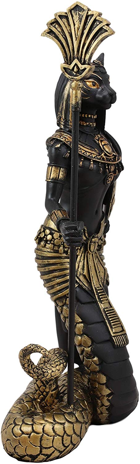 Ebros 11"H Egyptian Bastet Cat With Snake Holding Spear & Shield Statue 11"H - Ebros Gift