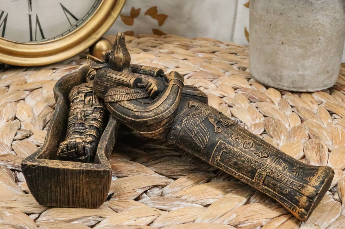 Ebros Egyptian Sarcophagus Box with Mummy Figurine 5.25" Long God of Afterlife Anubis Coffin Sculpture - Ebros Gift
