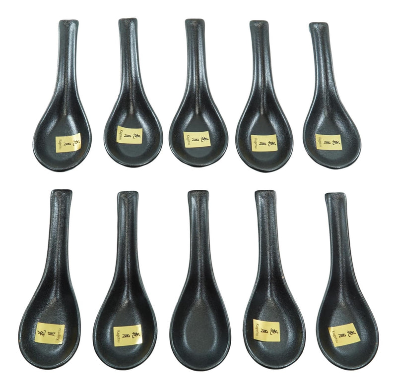 Pack Of 10 Artistic Textured Speckled Black Ceramic Zen Ladle Hook Soup Spoons