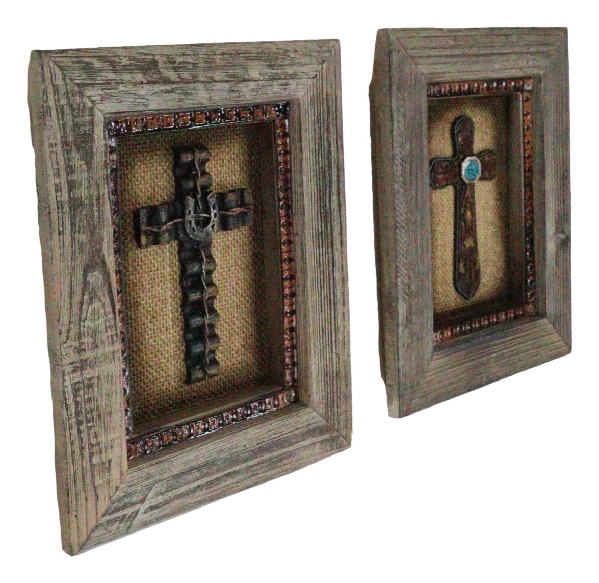 Pack of 2 Rustic Western Turquoise Gems Horseshoe Cross Wood Framed Wall Decors