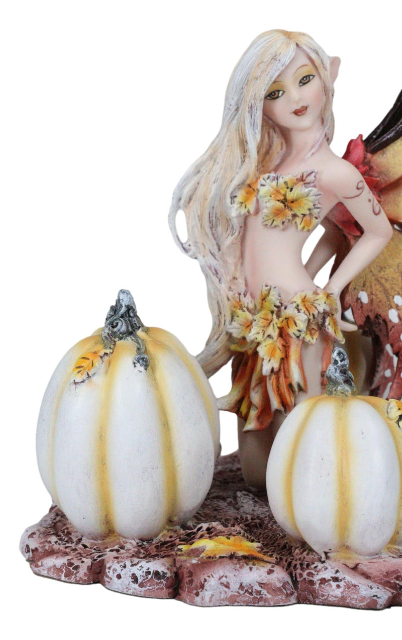 Ebros Amy Brown Autumn Maple Elf Fairy with White Pumpkins Statue 5" Long