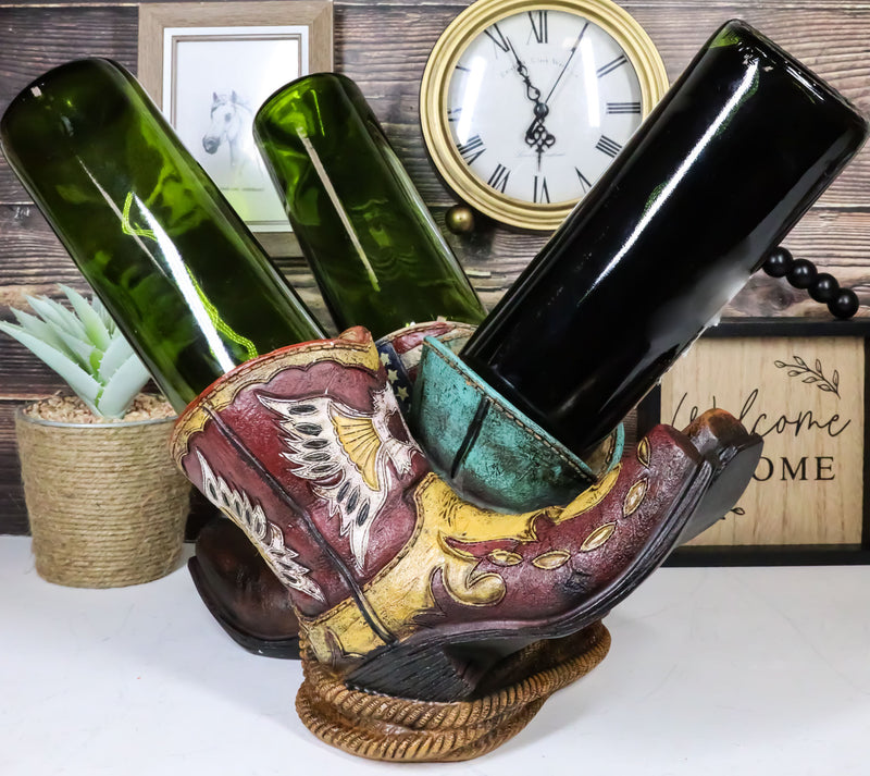 Western Patriotic American Flag Faux Tooled Leather Boots 3 Bottles Wine Holder