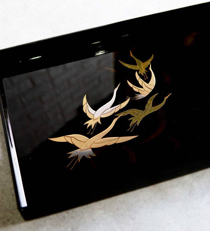 Japanese Flying Cranes 19" by 12" Large Black Lacquer Serving Tray With Handles