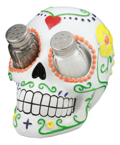 Day of The Dead Tattoo White Sugar Skull Salt And Pepper Shakers Holder Figurine