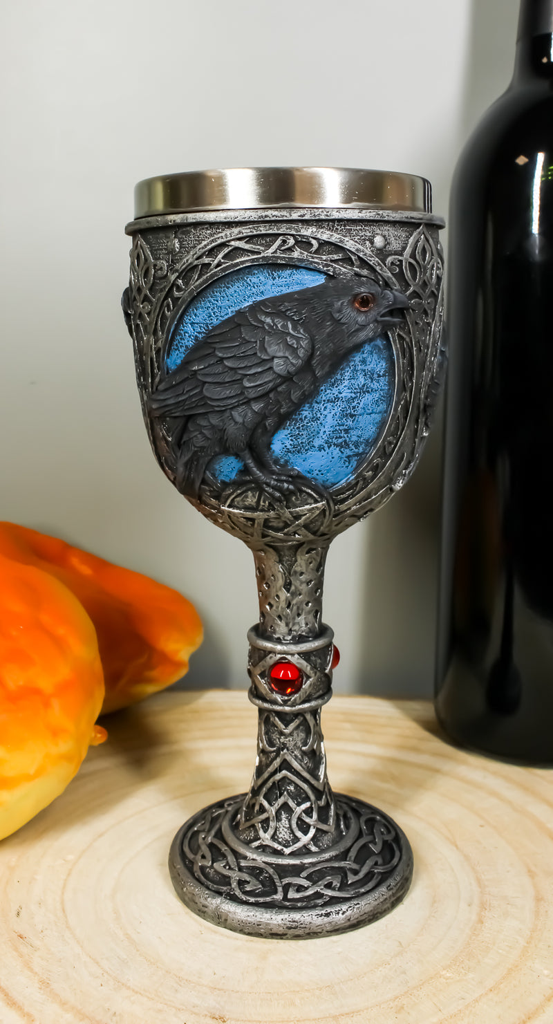 Ebros Moonlight Raven Crow With Celtic Tribal Tattoo Wine Goblet Chalice 7.25"H