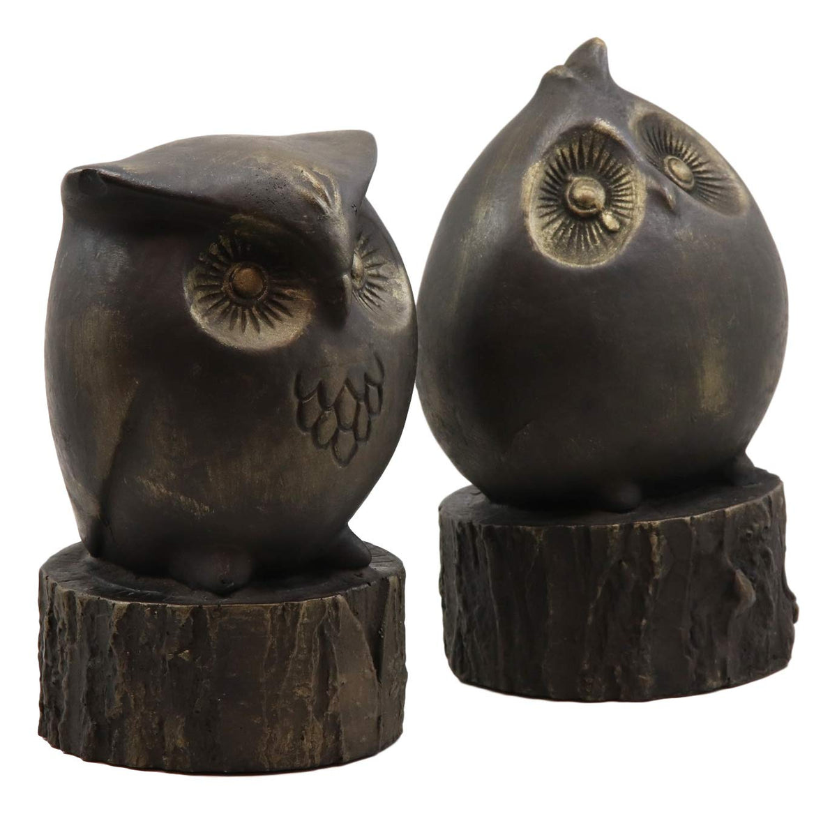 Ebros Gift Wisdom of The Forest Wide Eyed Fat Cupid Owls On Tree Stump Bookends Pair Set Statue Nocturnal Owl Birds Whimsical Decorative Accent for Library Shelves Desktops Countertops Mantelpiece - Ebros Gift