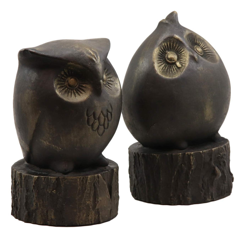 Ebros Gift Wisdom of The Forest Wide Eyed Fat Cupid Owls On Tree Stump Bookends Pair Set Statue Nocturnal Owl Birds Whimsical Decorative Accent for Library Shelves Desktops Countertops Mantelpiece