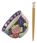Ebros Victorian Colorful Floral Blooms Ramen Udon Noodles Large 6.25" Diameter Soup Bowl With Built In Rest and Bamboo Chopsticks Set for Rice Pasta Salad