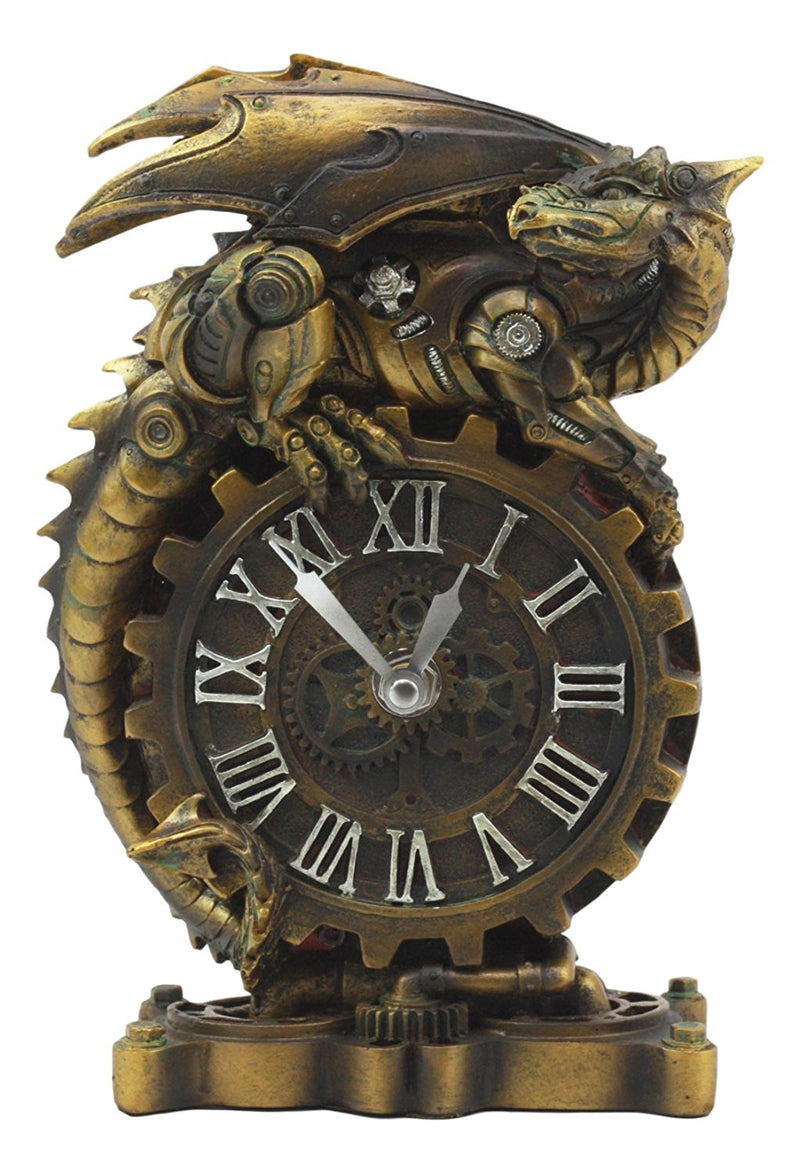 Chronos Resting Steampunk Cyborg Dragon Table Clock Statue Painted Gearwork Art