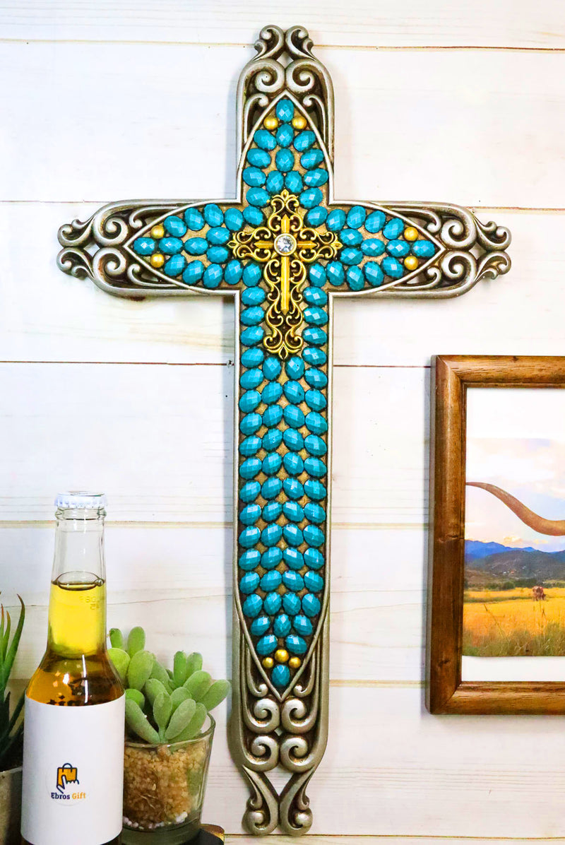 20"H Rustic Western Scroll Lace Le Fleur Wall Cross With Turquoise Gemstones