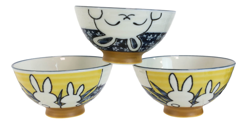 Pack Of 6 Made In Japan Ceramic Colorful 2 Rabbits Gazing Moon Soup Rice Bowls