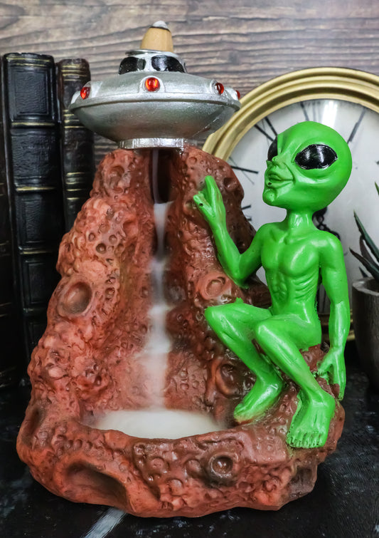UFO Green Roswell Alien With Flying Saucer Spaceship Backflow Incense Burner - Ebros Gift