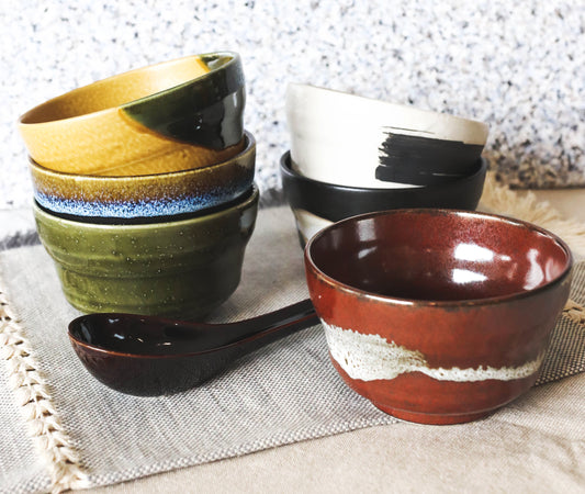 Pack Of 6 Made In Japan Colorful Abstract Art Kiln Natural Glazed Ceramic Bowls - Ebros Gift