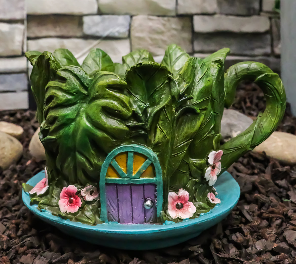 Fairy Garden Leaf Foliage Teacup House With Purple Door Floral Planter Vase - Ebros Gift