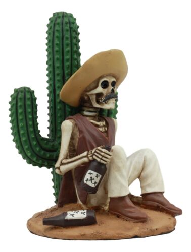 Day of The Dead El Borracho Drunk Desert Bandit By Cactus Skeleton Statue - Ebros Gift