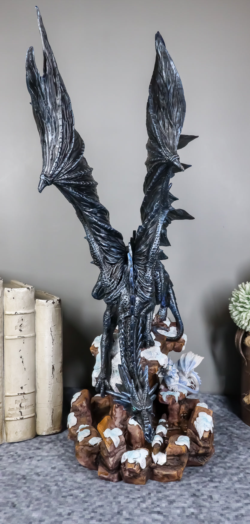 Ebros Large Dark Dragon with Frozen Ice White Baby Hatchling Statue 18.5" Tall - Ebros Gift