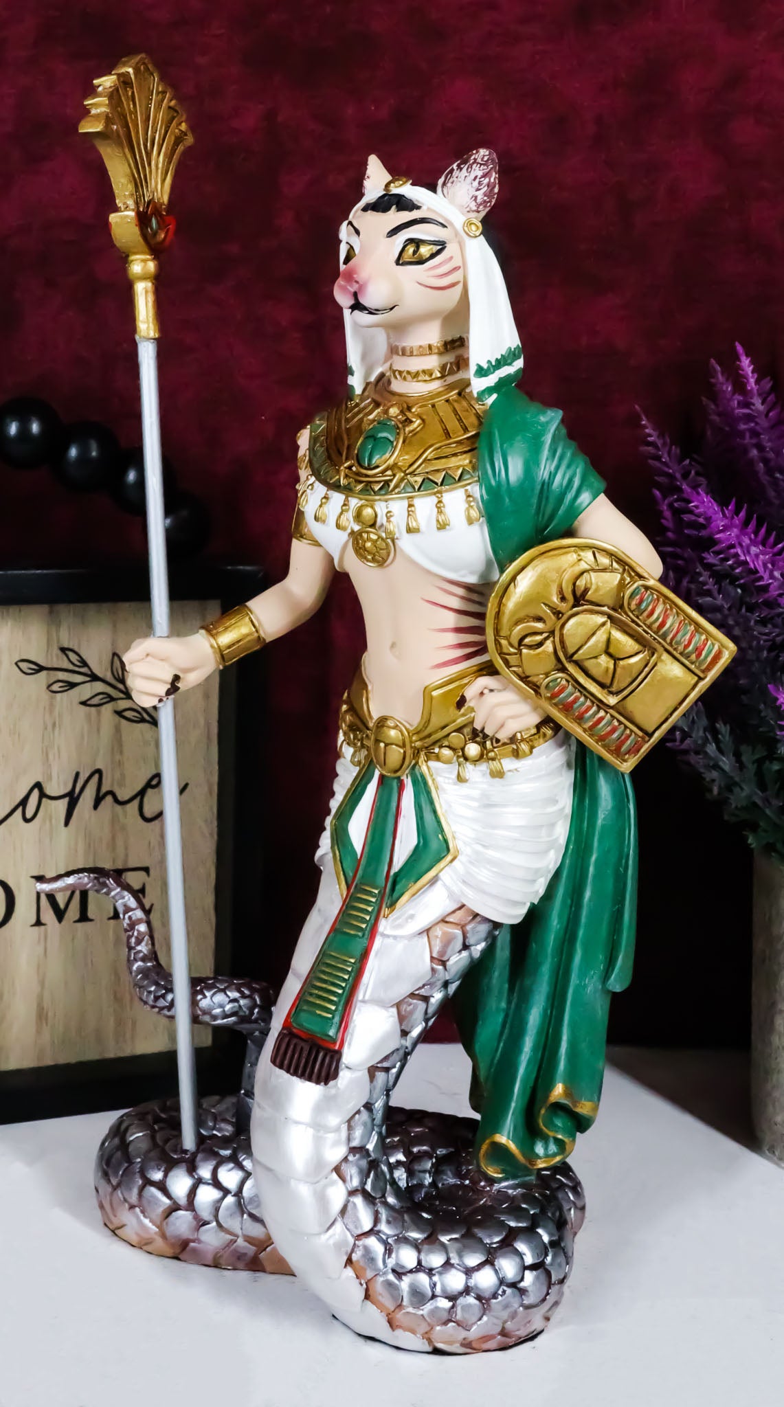 Ebros 11" Tall Colorful Egyptian Feline Goddess Bastet Cat with Slain Snake Apep Tail Holding Spear & Shield Statue 11" H Ubasti Bast Figurine - Ebros Gift