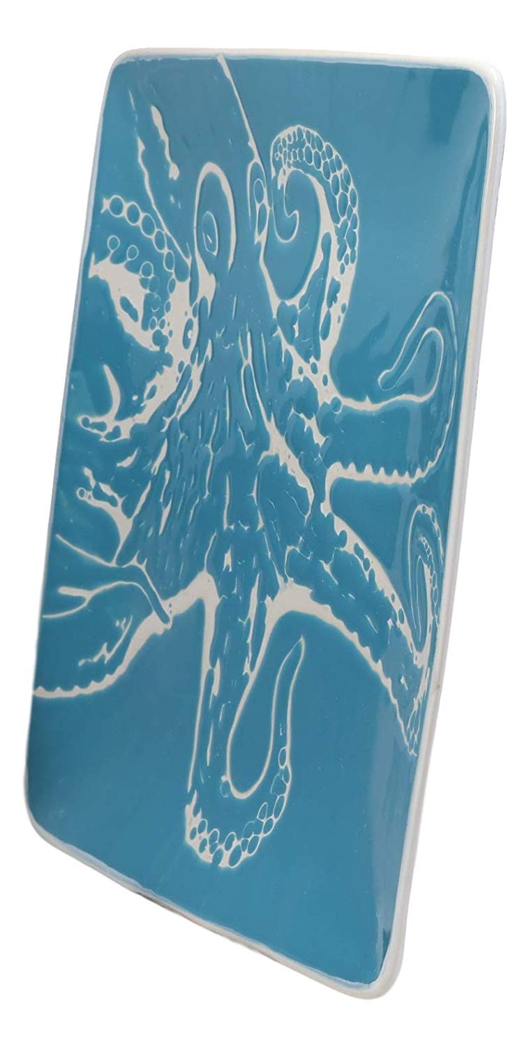 Ebros Nautical Giant Octopus Blue Large Dinner Plate Set of 2 Square 10.75"D
