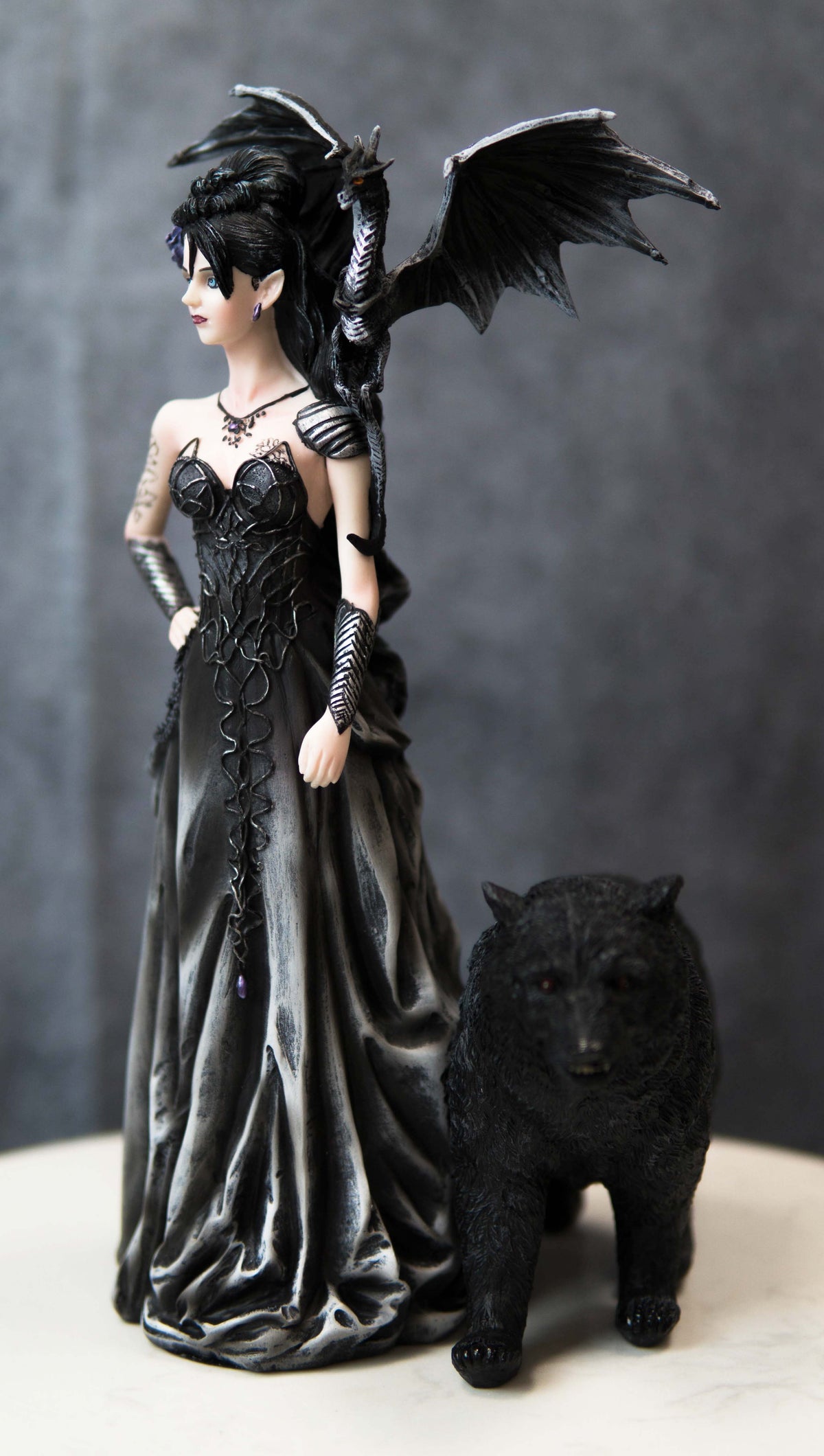 Gothic Bella Donna Purple Rose Witch Fairy with Black Dragon And Bear Statue