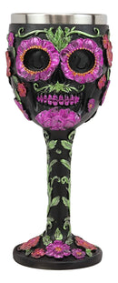 Ebros Gothic Black Red Pink Green Day of The Dead Sugar Skull Wine Goblet 7oz