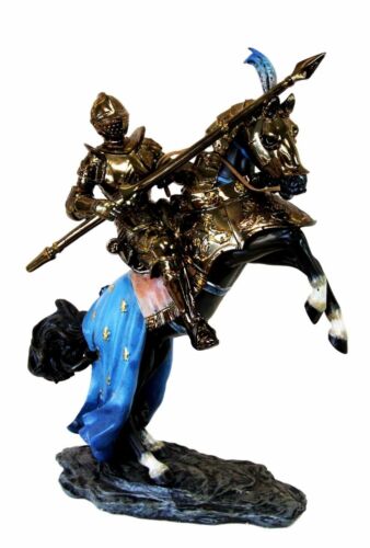 Large Medieval Jostling Lance Knight On Decorated Cavalier Horse Figurine Statue