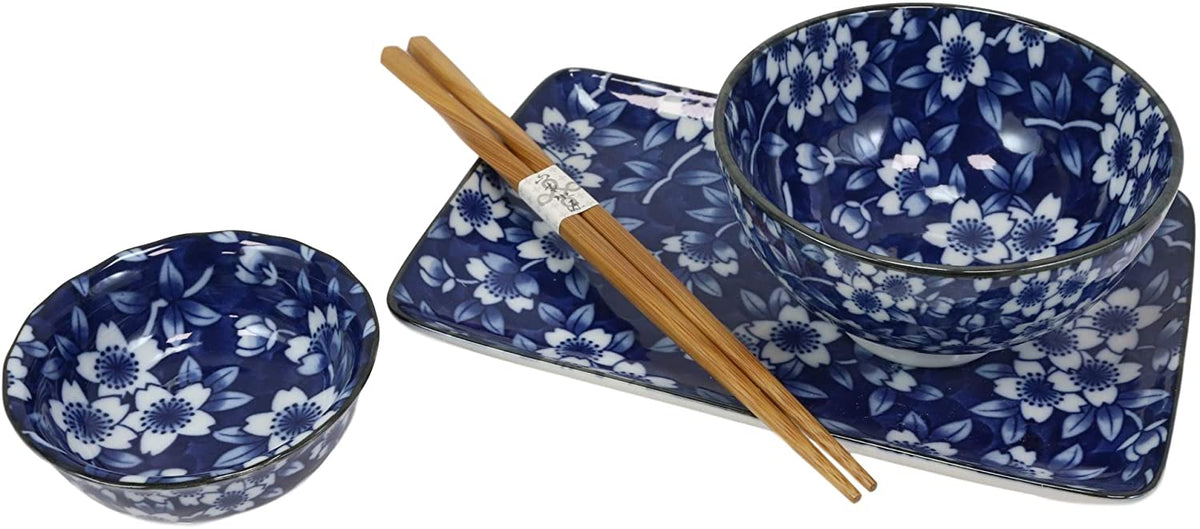 Made in Japan Floral Blossom Blue Motif Ceramic Sushi Dinnerware 8pc Set For Two