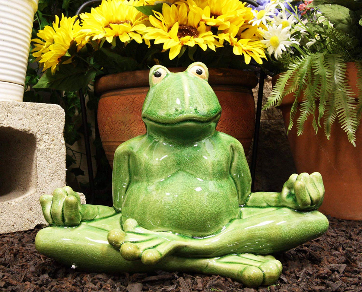 Ebros 11.5" Wide Lotus Dreams Ceramic Whimsical Meditating Yoga Green Frog Home and Garden Statue Zen Inner Peace Frogs Decorative Sculpture Accent - Ebros Gift