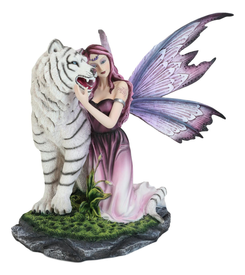 Large Lavender Fairy Embracing Siberian White Tiger Statue Fantasy Home Decor