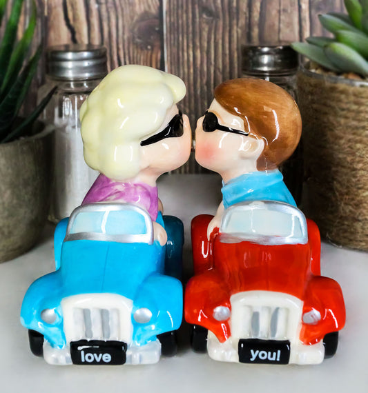 Love You Valentines Couple Kissing In Cars Magnetic Salt And Pepper Shakers Set - Ebros Gift