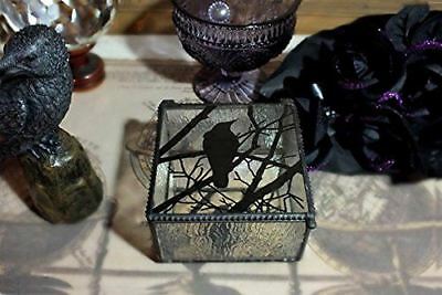 Gothic Silhouette Raven Glass Jewelry Box 4"W Haunted Crow On Tree Branch Box