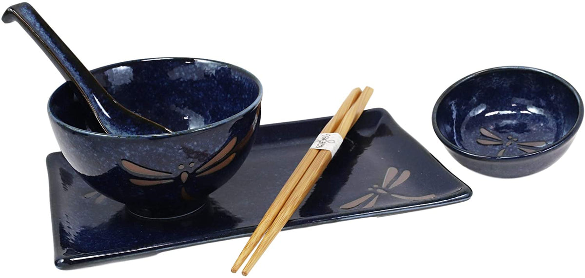 Japanese Pair Of Dragonfly Blue Motif Ceramic Sushi Dinnerware 10pc Set For Two - Ebros Gift