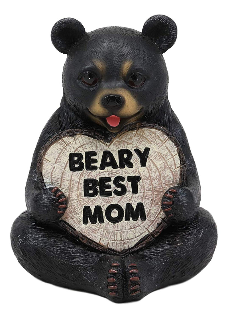 Whimsical Forest Black Bear Holding Heart Sign Saying "Beary Best Mom" Statue