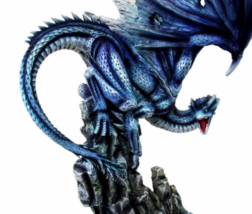 Large 18" Tall Typhoon Blue Dragon Perching On Sea Cliff Rocks Decorative Statue