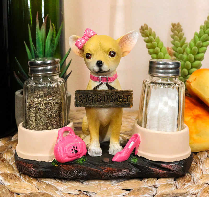 Ebros Gift Hot & Spicy Glamour Pink Girl Chihuahua Dog Glass Salt Pepper Shakers Holder Figurine Teacup Female Chihuahua Decor