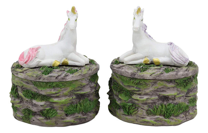 Ebros Pastel Blue And Pink Unicorns Sitting On Stone Garden Jewelry Box Figurines Set