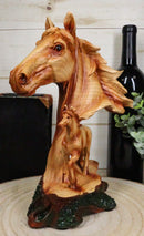 Rustic Western Stallion Horse Bust With Mustang Sculpture In Faux Wood Finish