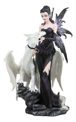Gothic Khaleesi Fairy With Arctic White Dragon Statue 9.5"H Dungeons Dragons Art
